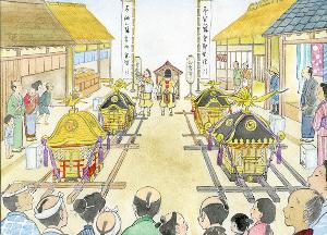 江戸時代の桶川祇園祭の様子。四町会の神輿が並んでいる水彩画の画像