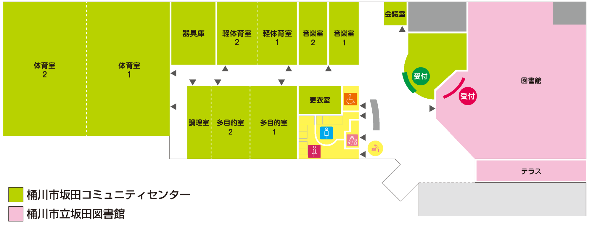 坂田コミュニティセンターと坂田図書館のフロア図