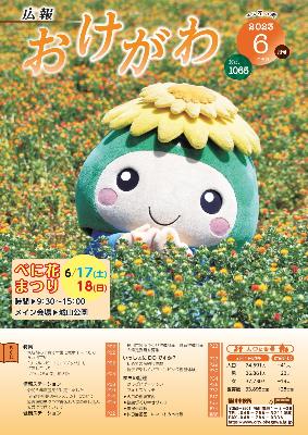 広報おけがわ6月号の表紙画像。紅花畑の中でポーズを撮るオケちゃんの写真。
