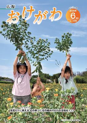 広報おけがわ6月号の表紙画像。晴れた空の下で、3人の子どもがべに花の中でべに花を持ち上げている写真
