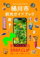 桶川市観光ガイドブックの表紙写真。スマートフォン、べに花、オケちゃんなどが写っています。