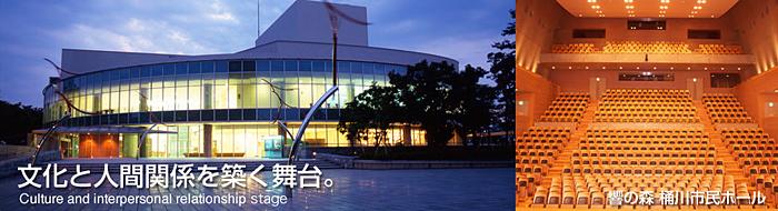 桶川市民ホールの外観とホールの内部