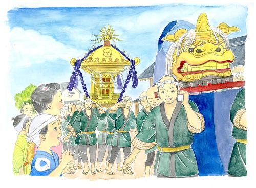 江戸時代に桶川祇園祭で夫婦獅子や神輿を担いでいる人々の様子を描いた水彩画の画像