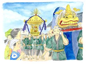 江戸時代の桶川祇園祭で神輿を担いでいる人々の様子を描いた水彩画の画像