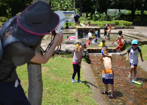 城山公園のじゃぶじゃぶ池で水遊びをする親子の様子。水鉄砲を持った子どもが木の陰に隠れているお母さん目がけて水をかけている。