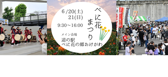 べに花まつり。6月21日土曜日、21日日曜日午前9時から午後4時まで。メイン会場道の駅べに花の郷おけがわ