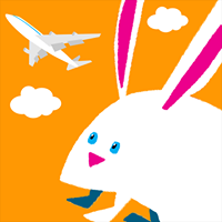 多言語ユニバーサル配信ツールのカタログポケットのイメージ画像。メインビジュアルにウサギらしきイラスト、空を飛ぶ旅客機のイラストが掲載されている。