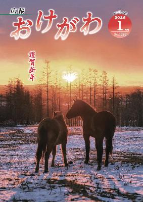 広報おけがわ1月号の表紙画像。日の出と馬2頭の写真