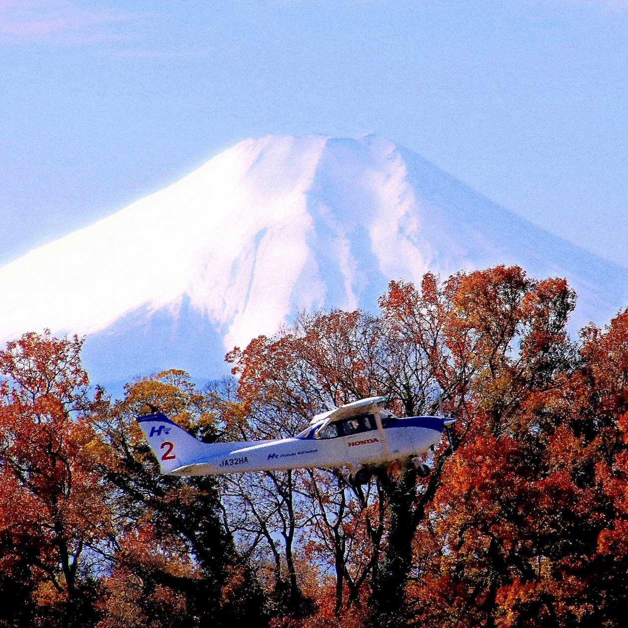 泉福寺から見える飛行機と富士山の写真