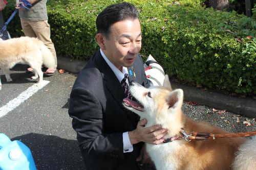 小野市長が保護犬をなでる写真