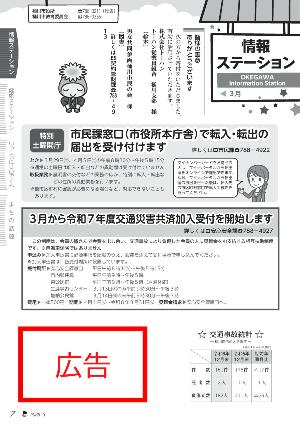 広告1段の2分の1の大きさを示す広告掲載位置の例