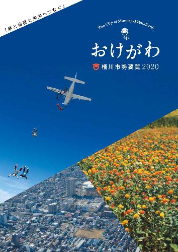 桶川市市勢要覧2020の表紙画像。桶川市上空の航空写真と紅花畑とスカイダイビングの様子の写真が掲載されている。