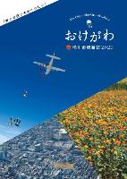 桶川市市勢要覧2020の表紙画像。スカイダイビングの様子や桶川市上空の空撮、べに花畑の様子の写真で構成されている。