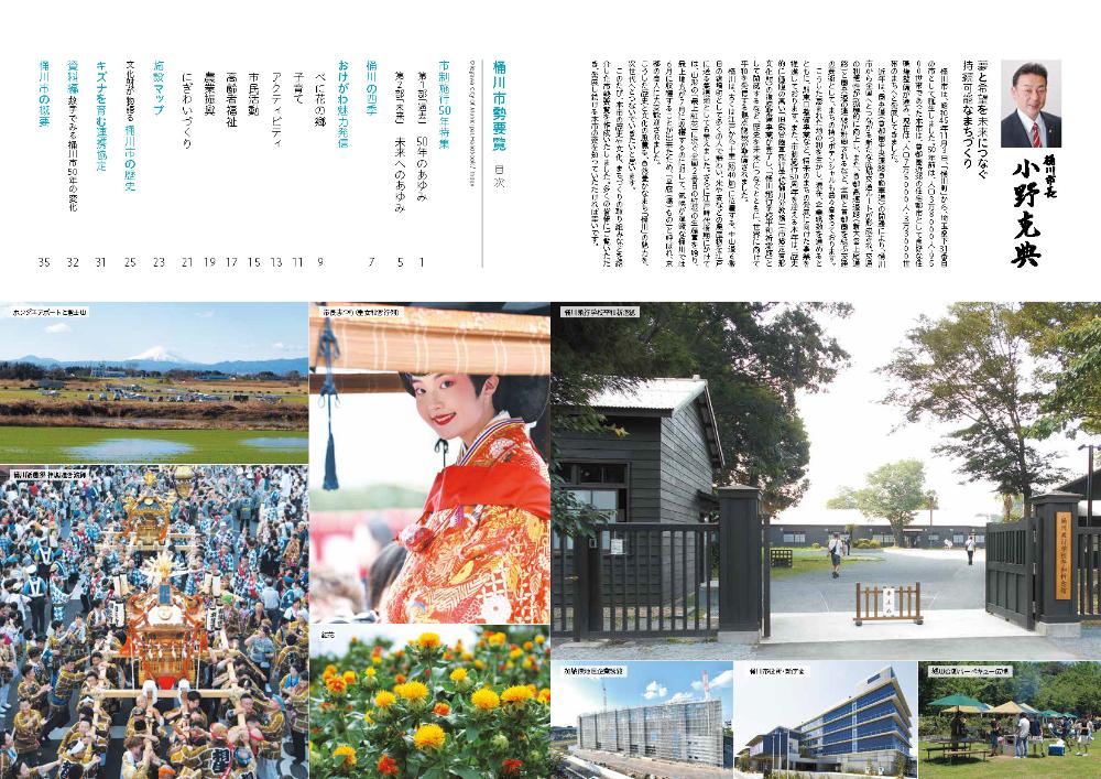 桶川市勢要覧2020の目次ページの画像。桶川市の主要施設や観光スポットの画像が掲載されている。